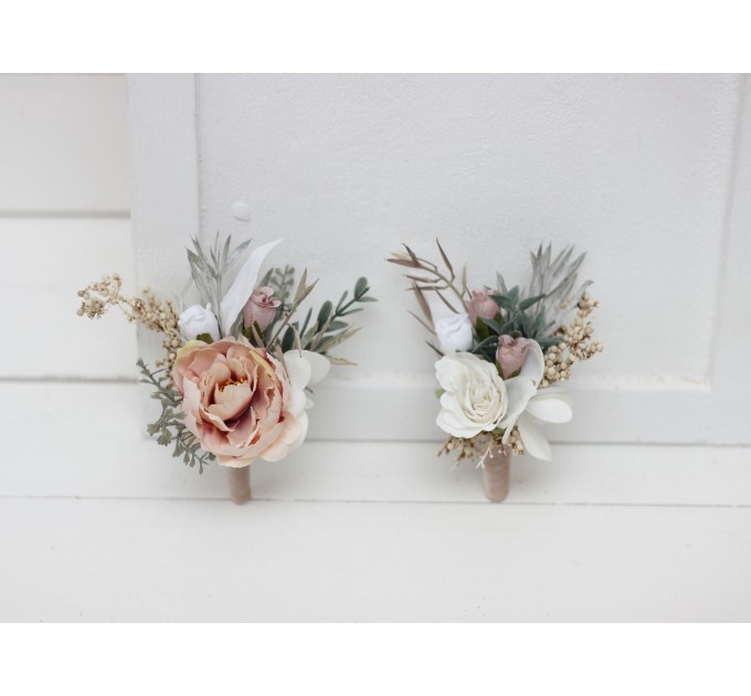 Wedding Boutonnieres & Wrist Corsage in White, Beige & Gray | Faux Flower Accessories