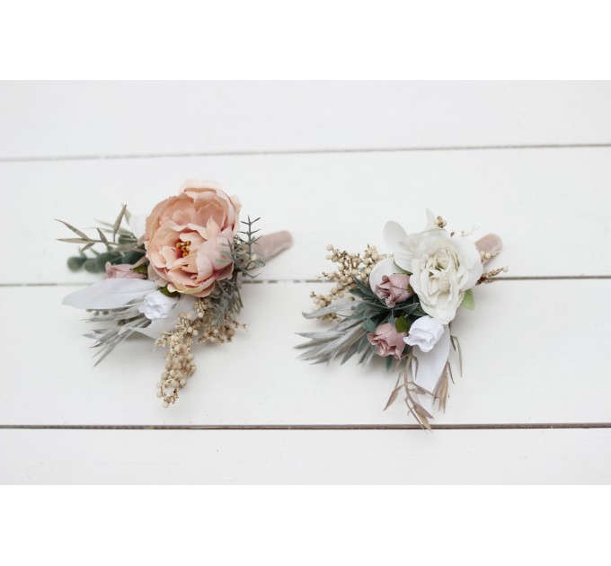 Wedding Boutonnieres & Wrist Corsage in White, Beige & Gray | Faux Flower Accessories