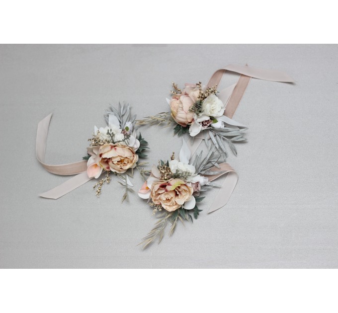 Wedding Boutonnieres & Wrist Corsage in White, Beige & Gray | Faux Flower Accessories