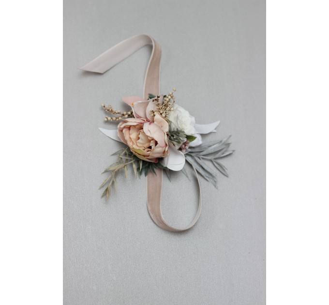 Wedding Boutonnieres & Wrist Corsage in White, Beige & Gray | Faux Flower Accessories