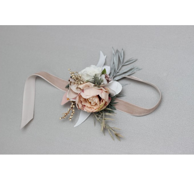 Wedding Boutonnieres & Wrist Corsage in White, Beige & Gray | Faux Flower Accessories