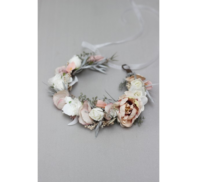 White beige grey  flower crown. Hair wreath. Flower girl crown. Wedding flowers.5062