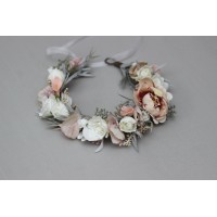 White beige grey  flower crown. Hair wreath. Flower girl crown. Wedding flowers.5062
