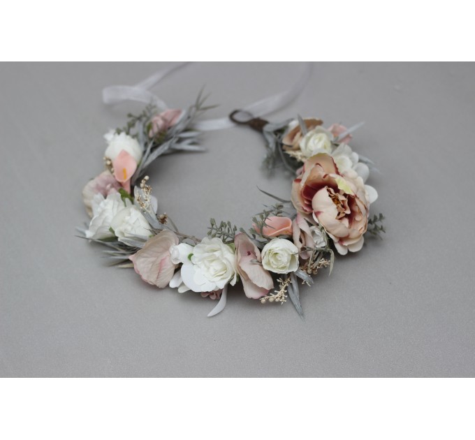 White beige grey  flower crown. Hair wreath. Flower girl crown. Wedding flowers.5062