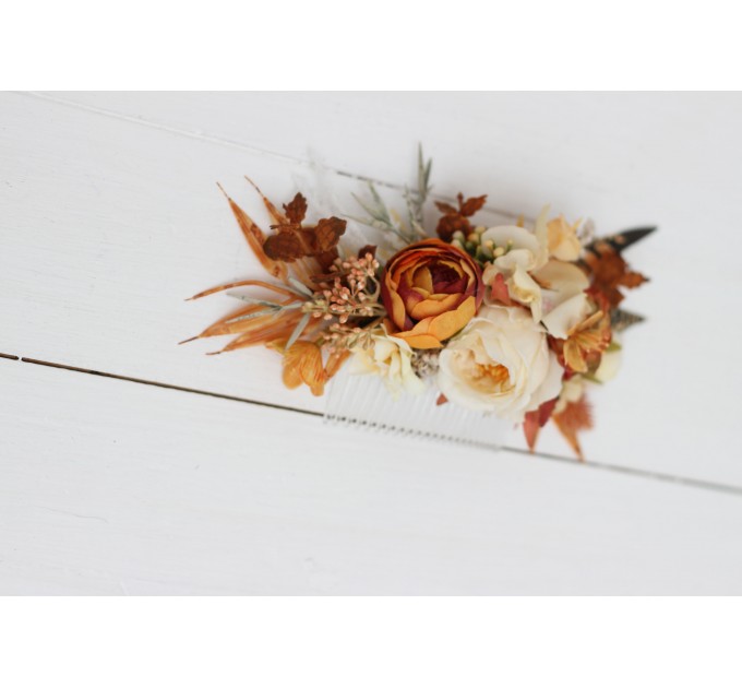 Flower comb in rust ivory color scheme. Wedding accessories for hair. Bridal flower comb. Bridesmaid floral comb. 5072