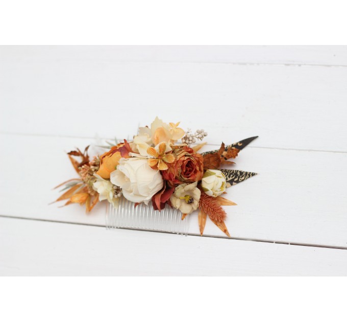 Flower comb in rust ivory color scheme. Wedding accessories for hair. Bridal flower comb. Bridesmaid floral comb. 5072