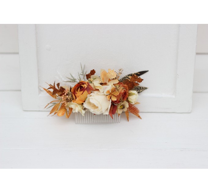 Flower comb in rust ivory color scheme. Wedding accessories for hair. Bridal flower comb. Bridesmaid floral comb. 5072