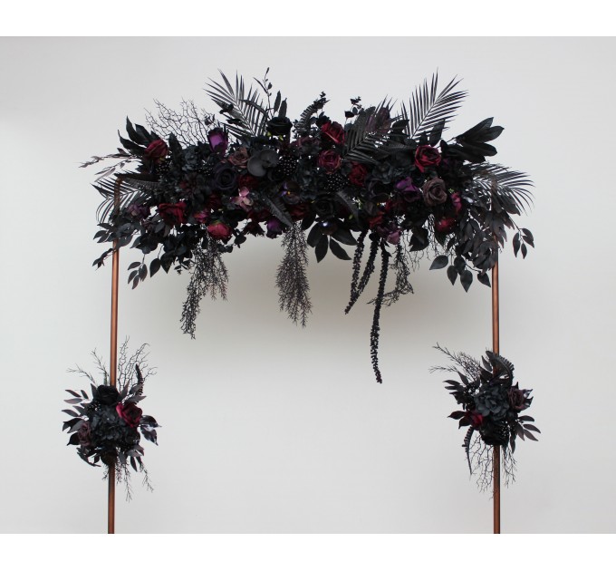 Halloween Wedding Flower Arch Arrangement in Black & Deep Purple | Faux Floral Archway for Gothic Wedding