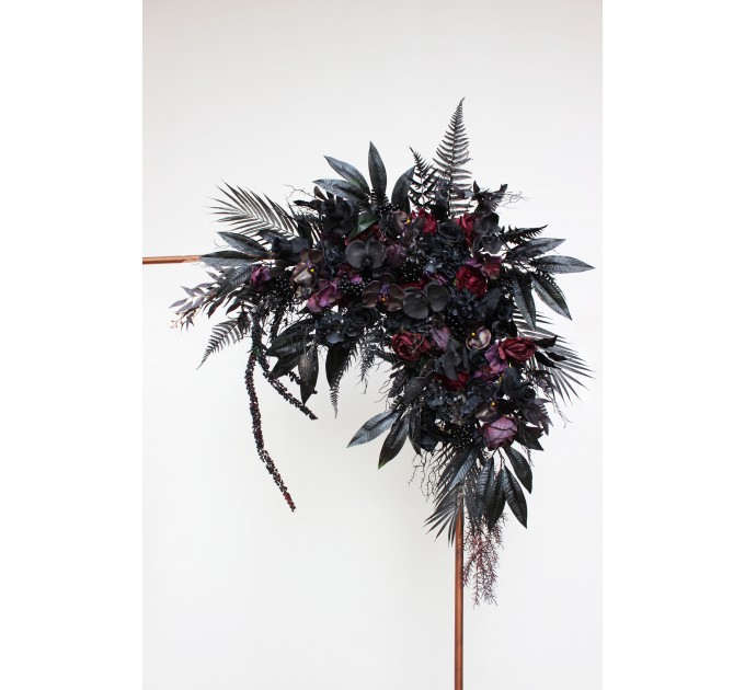 Halloween Wedding Flower Arch Arrangement in Black & Deep Purple | Faux Floral Archway for Gothic Wedding