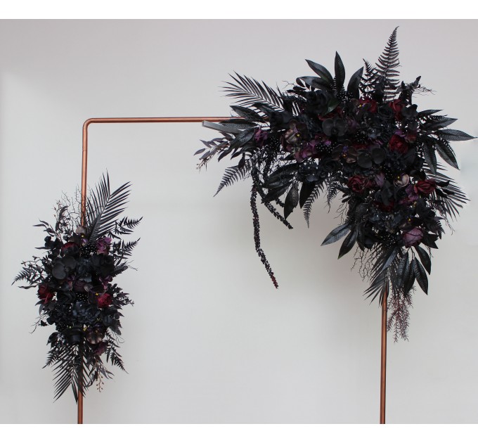 Halloween Wedding Flower Arch Arrangement in Black & Deep Purple | Faux Floral Archway for Gothic Wedding