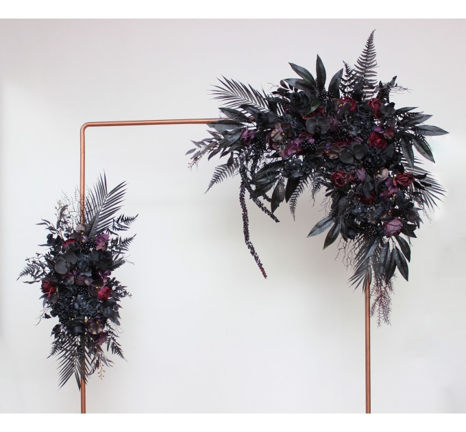Halloween Wedding Flower Arch Arrangement in Black & Deep Purple | Faux Floral Archway for Gothic Wedding