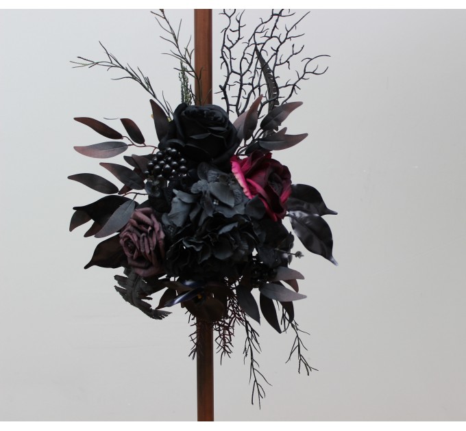 Halloween Wedding Flower Arch Arrangement in Black & Deep Purple | Faux Floral Archway for Gothic Wedding