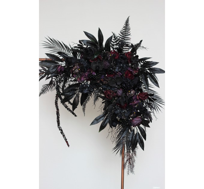 Halloween Wedding Flower Arch Arrangement in Black & Deep Purple | Faux Floral Archway for Gothic Wedding