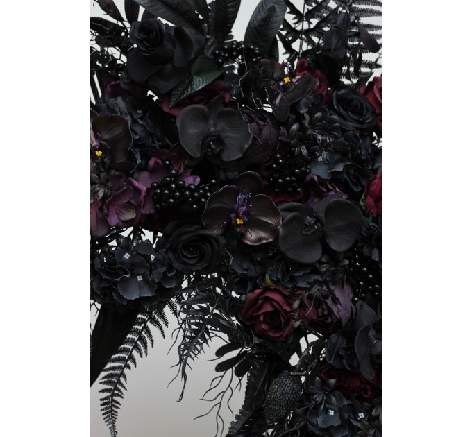 Halloween Wedding Flower Arch Arrangement in Black & Deep Purple | Faux Floral Archway for Gothic Wedding