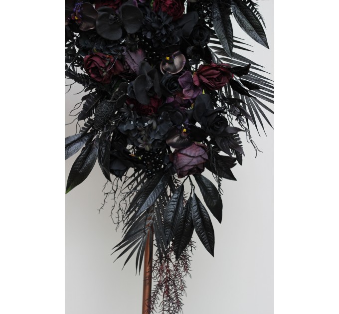 Halloween wedding. Black deep purple flowers. Flower arch arrangement .Wedding flowers. Pergola flowers. Faux flowers. Gothic wedding. 5070