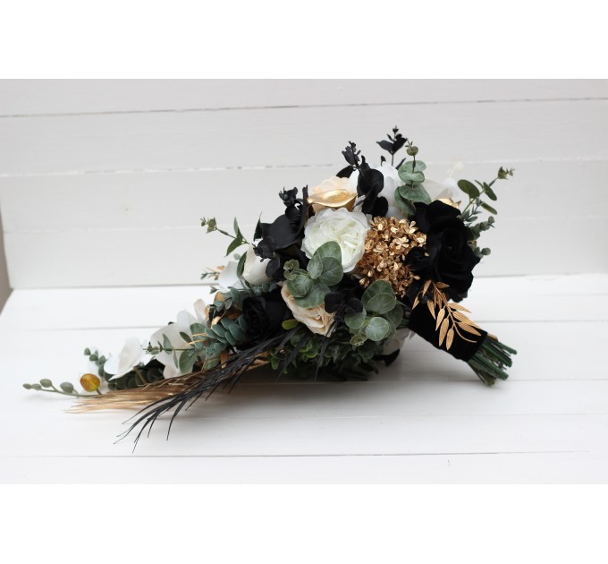 Wedding bouquets in black gold white colors. Bridal bouquet. Cascading bouquet. Faux bouquet. Bridesmaid bouquet. 5065