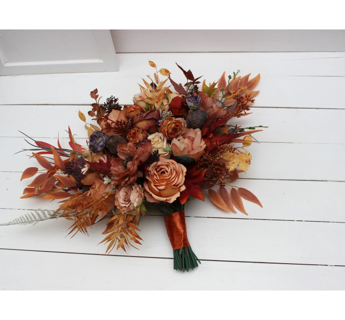 Wedding bouquets in rust purple orange colors. Bridal bouquet. Faux bouquet. Bridesmaid bouquet. 5073