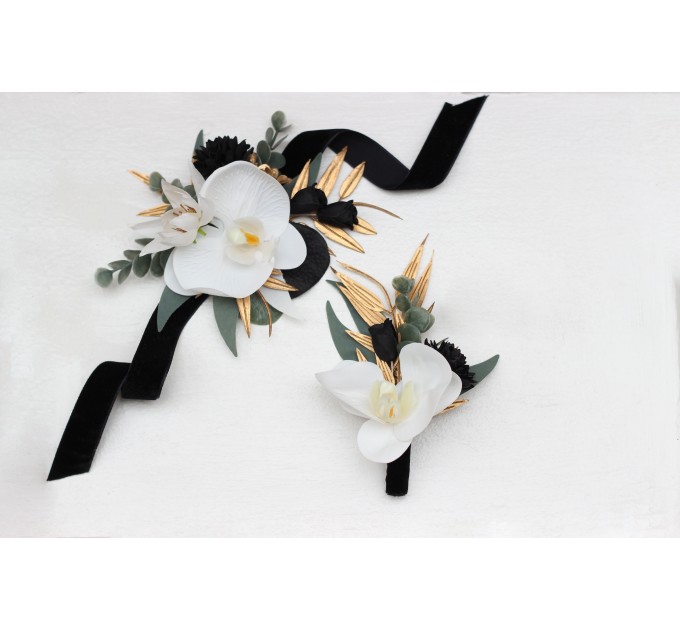  Wedding boutonnieres and wrist corsage  in black gold white color scheme. Flower accessories. 5065