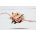 Wedding boutonnieres and wrist corsage in orange blush pink color scheme. Flower accessories. 5071