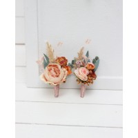 Wedding boutonnieres and wrist corsage  in orange blush pink color scheme. Flower accessories. 5071