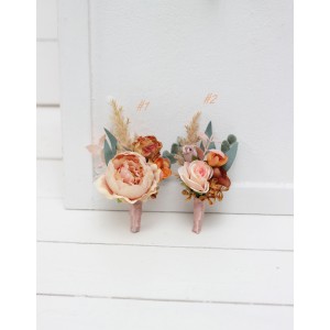  Wedding boutonnieres and wrist corsage  in orange blush pink color scheme. Flower accessories. 5071