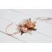 Wedding boutonnieres and wrist corsage in orange blush pink color scheme. Flower accessories. 5071
