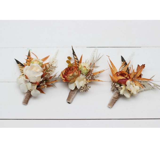  Wedding boutonnieres and wrist corsage  in rust ivory color scheme. Flower accessories. 5072