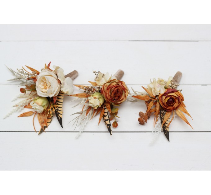  Wedding boutonnieres and wrist corsage  in rust ivory color scheme. Flower accessories. 5072