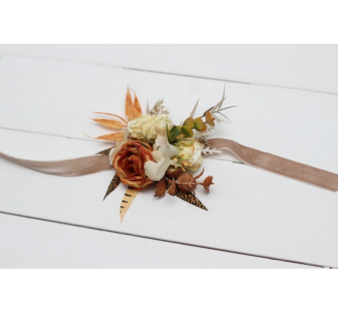  Wedding boutonnieres and wrist corsage  in rust ivory color scheme. Flower accessories. 5072