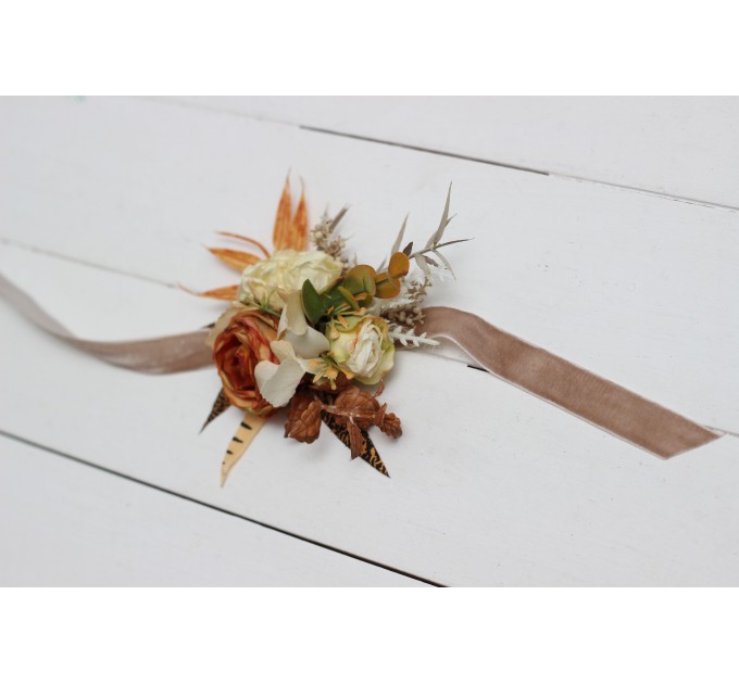  Wedding boutonnieres and wrist corsage  in rust ivory color scheme. Flower accessories. 5072