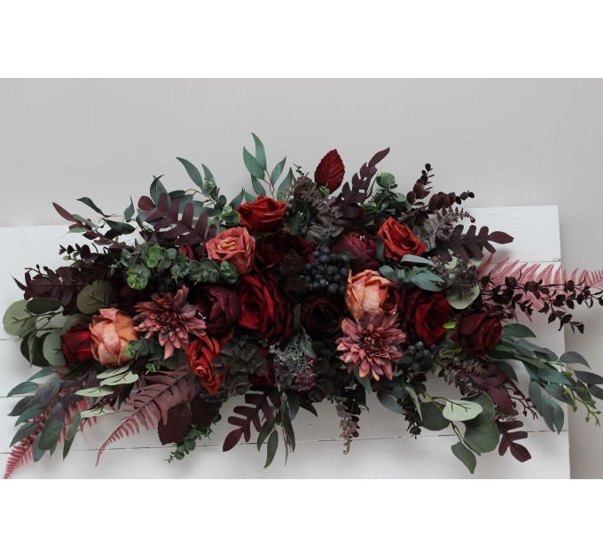  Flower arch arrangement in deep burgundy red blue colors.  Arbor flowers. Floral archway. Faux flowers for wedding arch. 5077