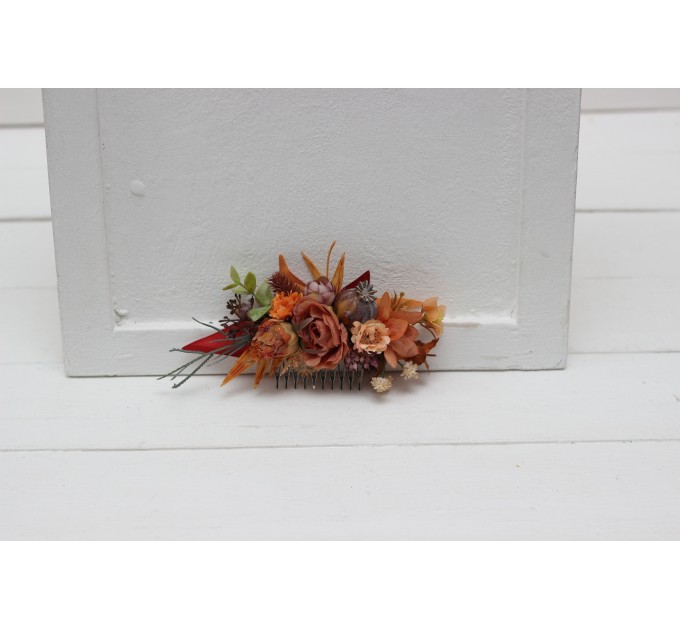 Flower comb in rust purple orange color scheme. Wedding accessories for hair. Bridal flower comb. Bridesmaid floral comb. 5073