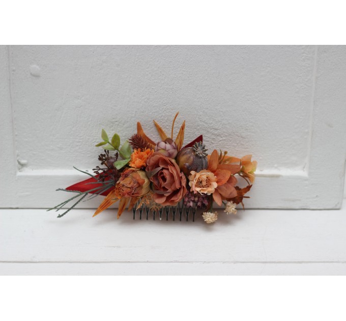 Flower comb in rust purple orange color scheme. Wedding accessories for hair. Bridal flower comb. Bridesmaid floral comb. 5073