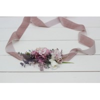 Mauve pink white flower belt for wedding. Floral sash. Bridal velvet belt. Flower girl belt. 5076