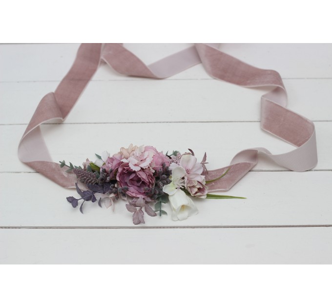 Mauve pink white flower belt for wedding. Floral sash. Bridal velvet belt. Flower girl belt. 5076