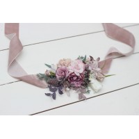 Mauve pink white flower belt for wedding. Floral sash. Bridal velvet belt. Flower girl belt. 5076