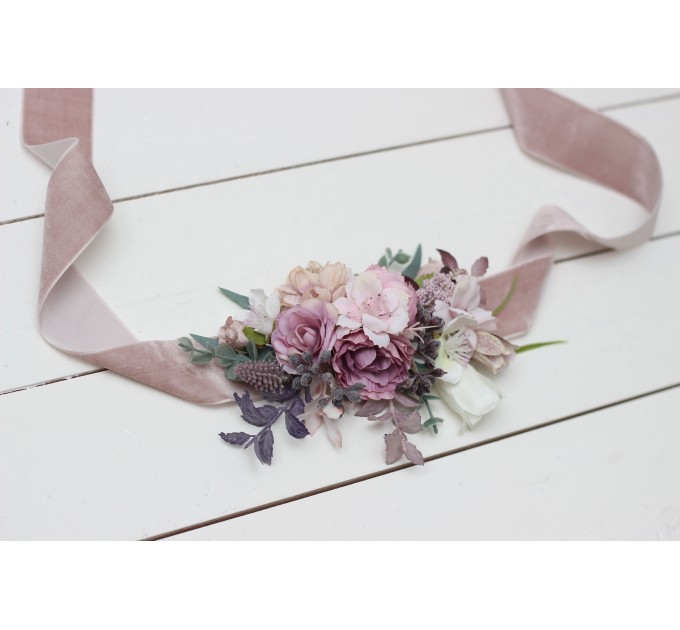Mauve pink white flower belt for wedding. Floral sash. Bridal velvet belt. Flower girl belt. 5076