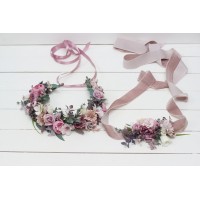 Mauve pink white flower belt for wedding. Floral sash. Bridal velvet belt. Flower girl belt. 5076