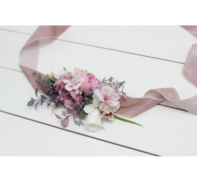 Mauve pink white flower belt for wedding. Floral sash. Bridal velvet belt. Flower girl belt. 5076