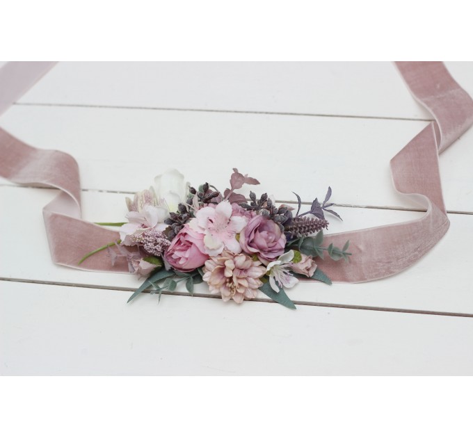 Mauve pink white flower belt for wedding. Floral sash. Bridal velvet belt. Flower girl belt. 5076