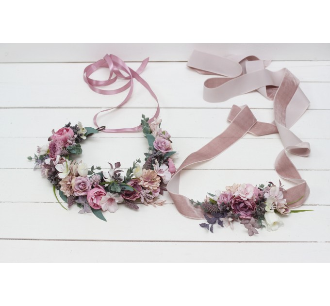 Mauve pink white flower belt for wedding. Floral sash. Bridal velvet belt. Flower girl belt. 5076