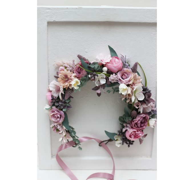Mauve pink white flower crown. Hair wreath. Flower girl crown. Wedding flowers. 5076