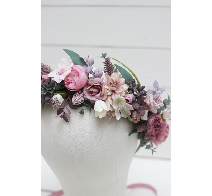 Mauve pink white flower crown. Hair wreath. Flower girl crown. Wedding flowers. 5076