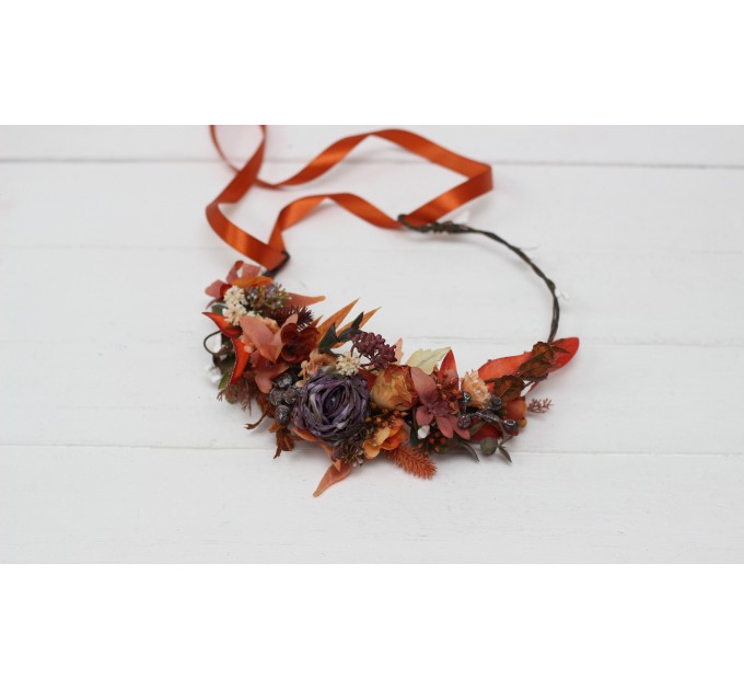 Rust purple orange flower crown. Hair wreath. Flower girl crown. Wedding flowers. 5073