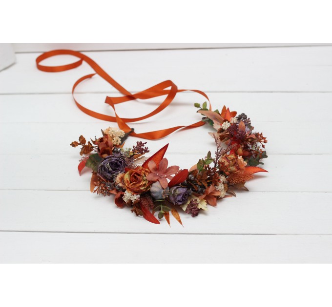 Rust purple orange flower crown. Hair wreath. Flower girl crown. Wedding flowers. 5073