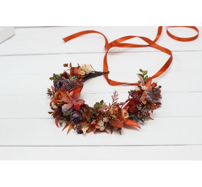 Rust purple orange flower crown. Hair wreath. Flower girl crown. Wedding flowers. 5073