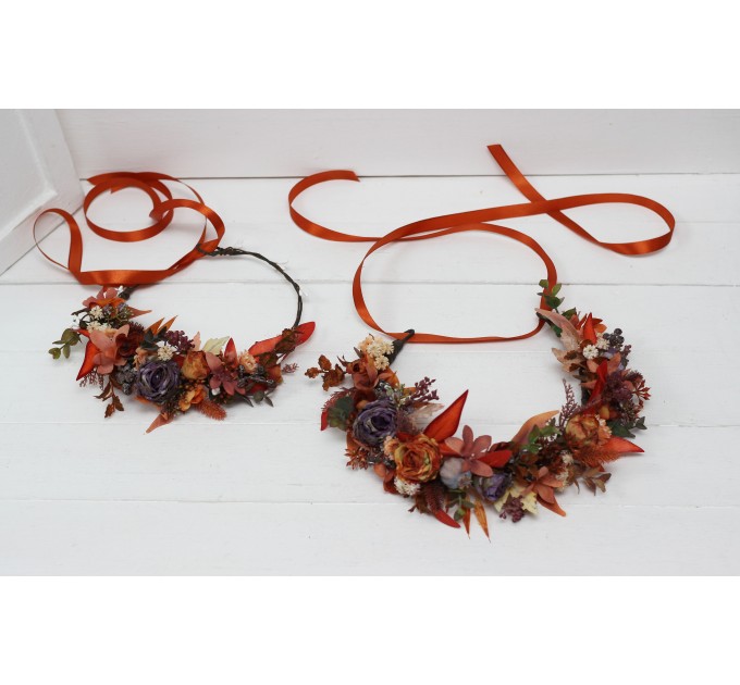 Rust purple orange flower crown. Hair wreath. Flower girl crown. Wedding flowers. 5073