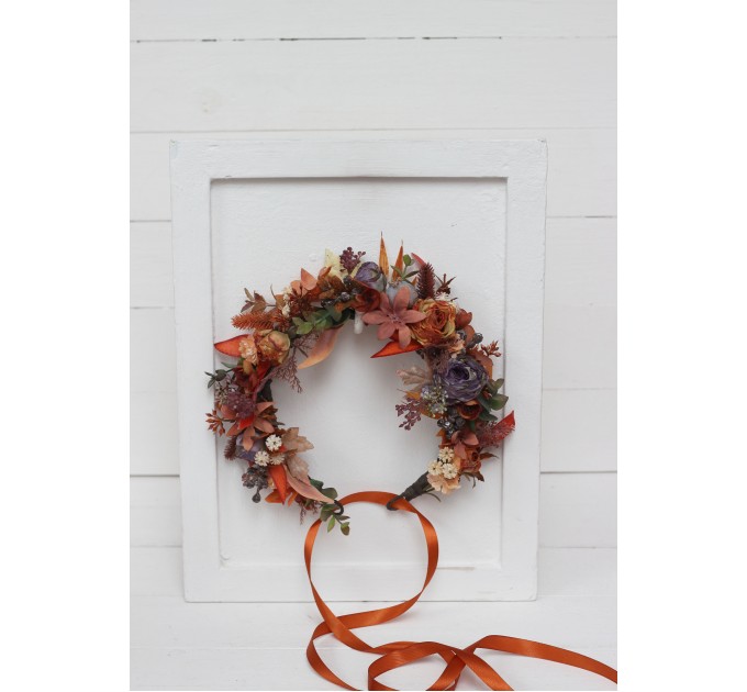 Rust purple orange flower crown. Hair wreath. Flower girl crown. Wedding flowers. 5073
