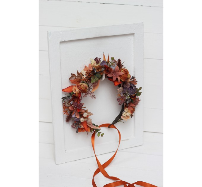 Rust purple orange flower crown. Hair wreath. Flower girl crown. Wedding flowers. 5073