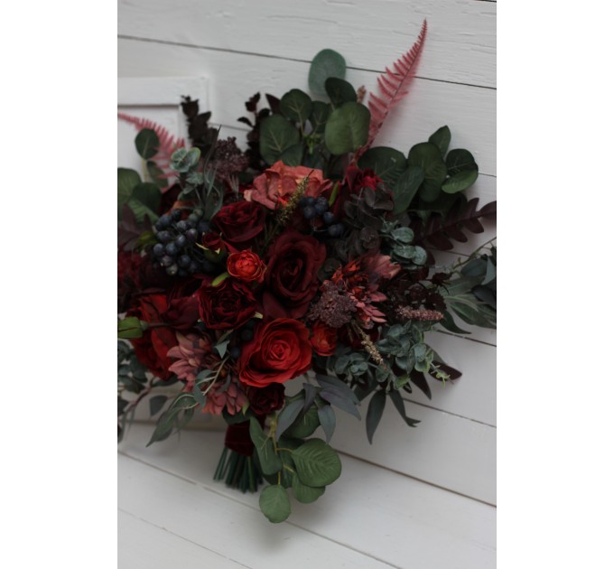 Wedding bouquets in deep burgundy red blue colors. Bridal bouquet. Faux bouquet. Bridesmaid bouquet. 5077